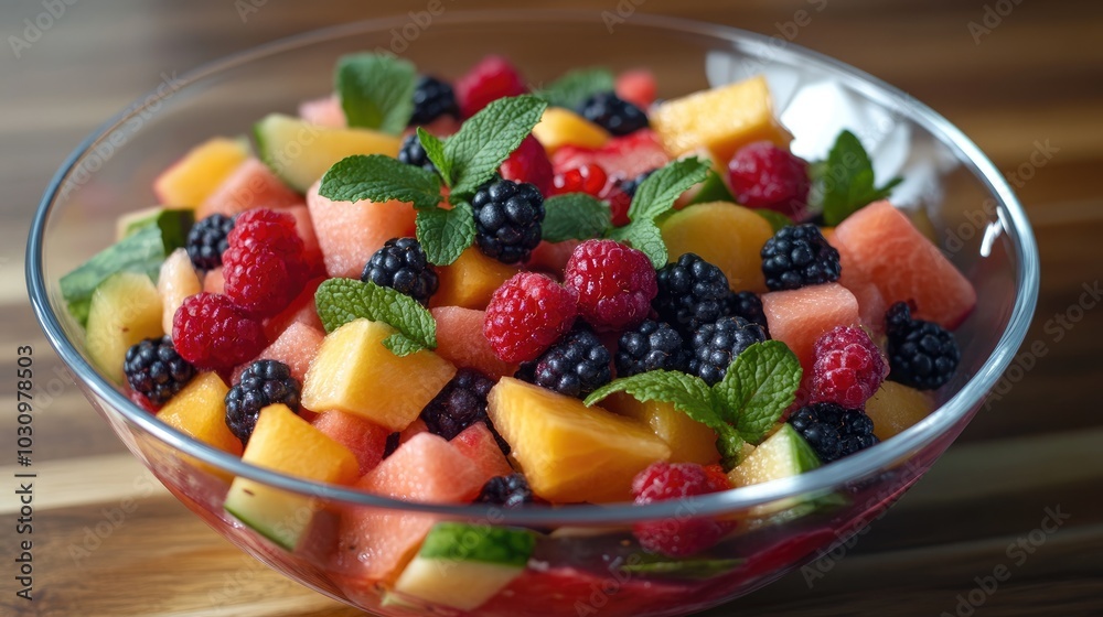 A bowl of organic fruit salad with a variety of melons, berries, and mint leaves A bowl of organic fruit salad with a variety of melons, berries, and mint leaves