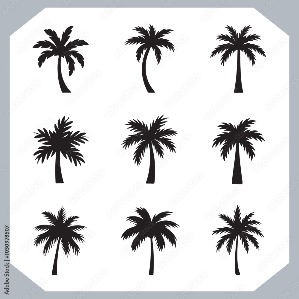 Obraz premium Logotype black simple palm tree vector silhouettes, Palm Trees Silhouette, Coconut Tree Silhouette on white background