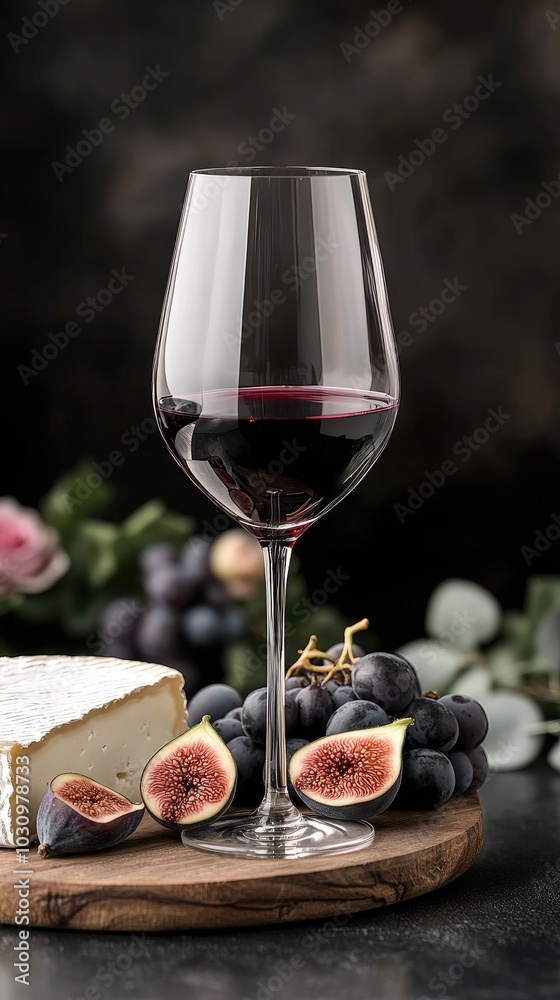 A wooden board displays rich brie cheese, dark red grapes, and figs, complemented by a glass of wine and a grapefruit, all set amidst greenery and wine bottles
