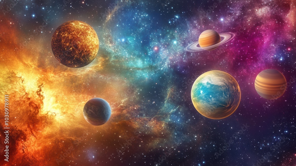 Vibrant AI Art of Our Solar System With Colorful Planets and Swirling Gas in a Starry Sky Vibrant AI Art of Our Solar System With Colorful Planets and Swirling Gas in a Starry Sky