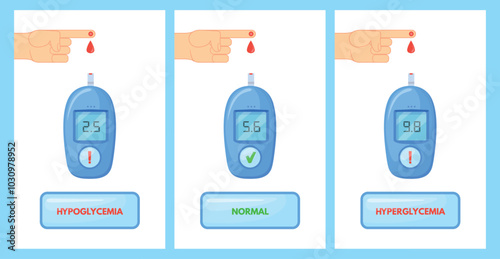 Measuring glucose levels. Sugar level in blood measuring medical infographic, patient diabetes glucometer home analysis management prevent risks control neat vector illustration