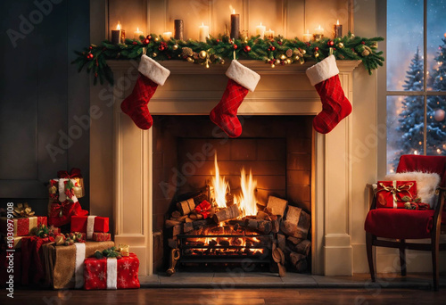 Intérieur d'une maison pendant Noël avec cheminée, chaussettes de Noël suspendues et cadeaux photo