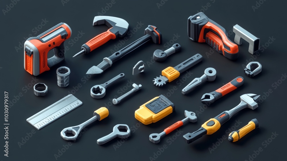 3D vector cartoon icons of essential tools: planer, saw, pliers, screwdriver, vise, drill, hammer, adjustable wrench, bright and detailed
