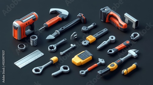 3D vector cartoon icons of essential tools: planer, saw, pliers, screwdriver, vise, drill, hammer, adjustable wrench, bright and detailed