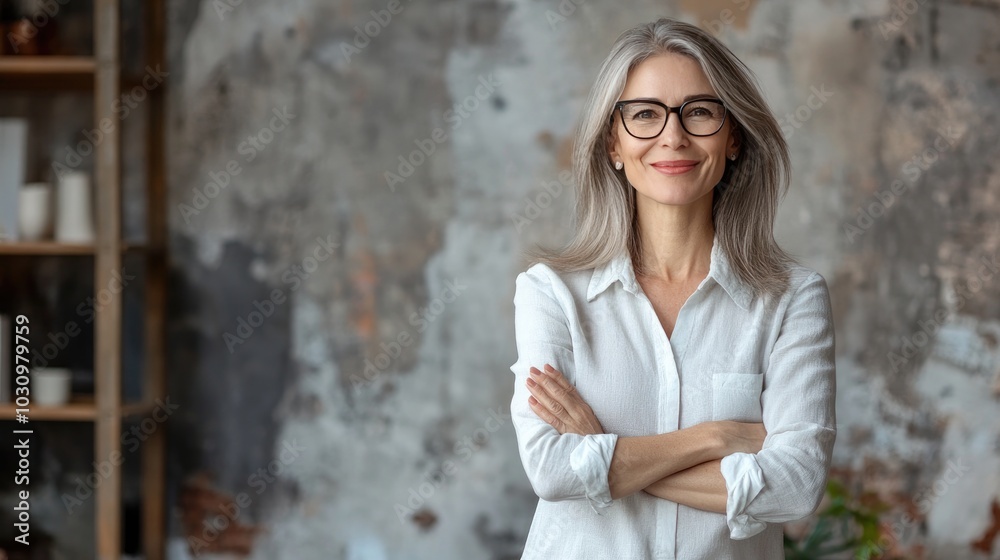 Photo of middle-aged businesswoman standing smiling in office and looking away. Confident female manager standing with arms crossed. Photo of middle-aged businesswoman standing smiling in office and looking away. Confident female manager standing with arms crossed.