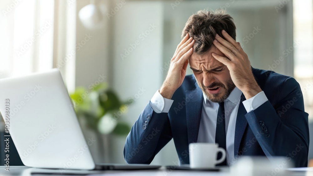 Stressed businessman working at his desk, holding his head with both hands. Stressed businessman working at his desk, holding his head with both hands.