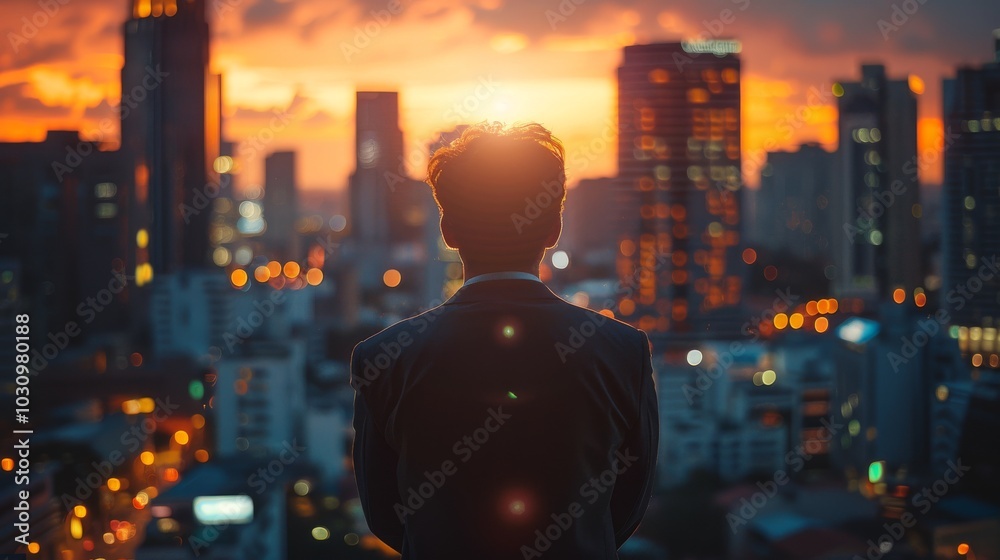 A business professional gazes at the city, dreaming of innovative strategies and leadership roles. Copy space