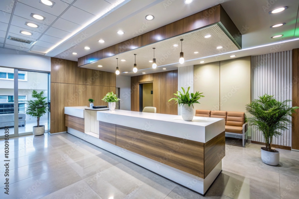 Fototapeta premium Modern Reception Desk in a Medical Center - Double Exposure Photography, Contemporary Design, Healthcare Interior, Welcoming Atmosphere, Professional Space, Innovative Layout, Clean Aesthetic
