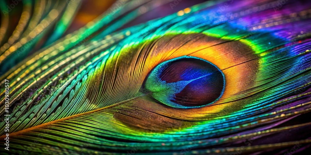 Fototapeta premium Stunning Macro Close-up of a Peacock Feather in Low Light Photography, Showcasing Vibrant Colors and Intricate Patterns for Nature Lovers and Art Enthusiasts
