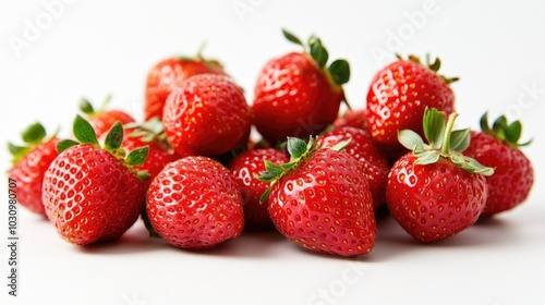 A bunch of fresh strawberries with their vibrant red color highlighted against white