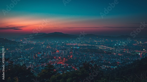 A cityscape at sunset, with the sky ablaze in orange and pink hues, city lights just starting to come on