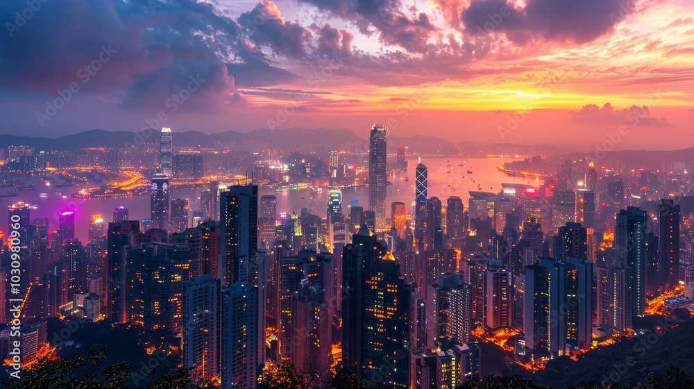 Obraz premium A cityscape at twilight, the sky transitioning from day to night, city lights starting to twinkle