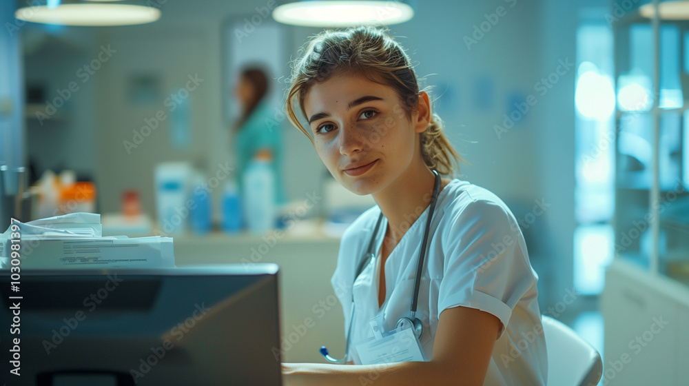 A young nurse working at a hospital desk, symbolizing the dedication and compassion found in healthcare professionals. Great for medical and healthcare visuals. A young nurse working at a hospital desk, symbolizing the dedication and compassion found in healthcare professionals. Great for medical and healthcare visuals.