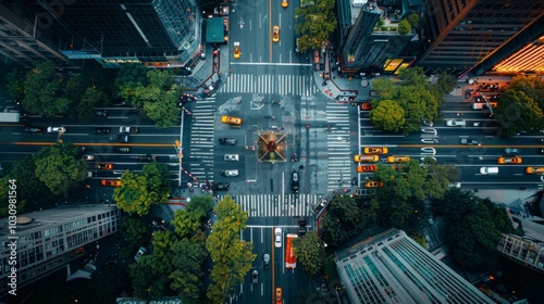 A cityscape from a high-rise rooftop, looking down at the bustling city below photo