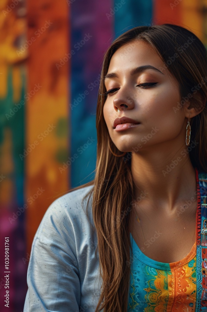 Fototapeta premium A woman meditating, yoga, good health, breathing, calm, relaxation, colorful background, creativity, thinking.
