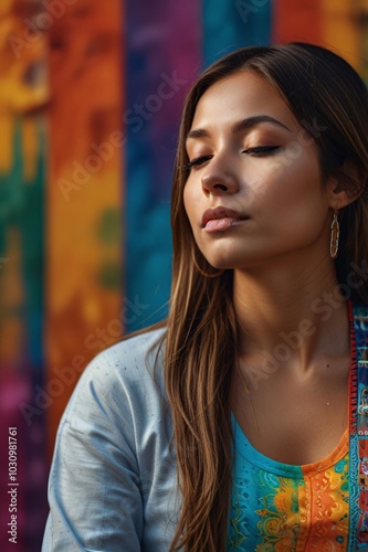 A woman meditating, yoga, good health, breathing, calm, relaxation, colorful background, creativity, thinking.