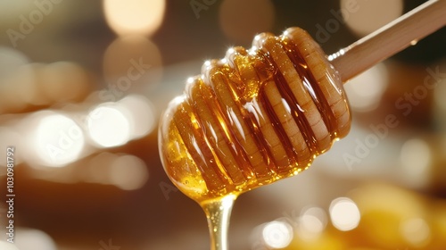 A close-up of a honey dipper covered in golden honey, with a blurred background of a breakfast table