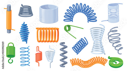 Cartoon metal springs. Slinky coil spiral steel wire or pressure spring for shock jump, curve flexible twist cord automobile suspension springy cable set, neat vector illustration