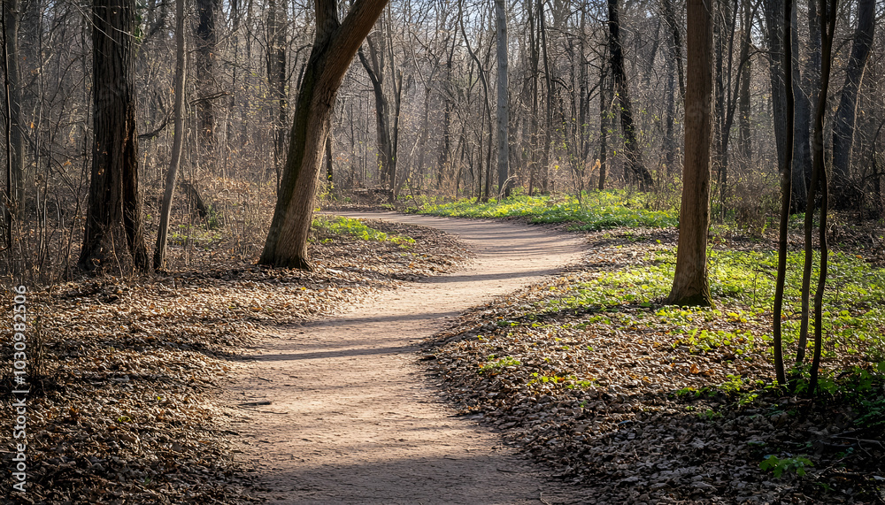 A trail winding through the woods, inviting a peaceful walk in nature. A trail winding through the woods, inviting a peaceful walk in nature.
