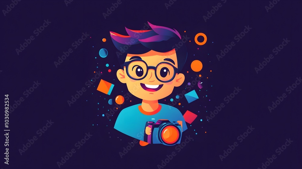 Fototapeta premium A colorful vector logo of an animated young man with glasses and short hair, smiling and holding a video camera
