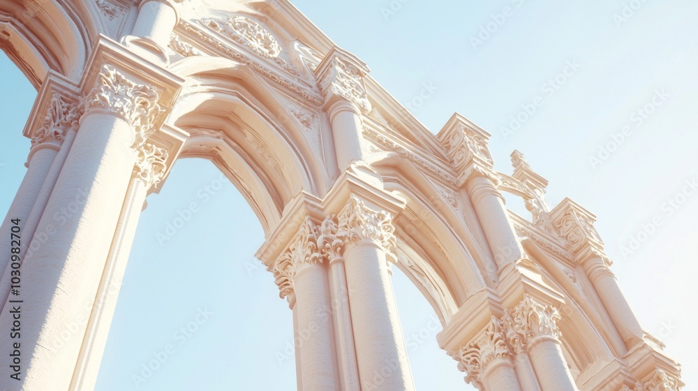 Obraz premium Majestic Gothic Architecture 3D Render Illuminated Against Clear Sky - Ultra-Detailed Artistic Design