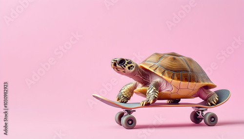 A turtle humorously riding a skateboard, isolated on a pastel pink background, symbolizing speed and unexpected progress   photo