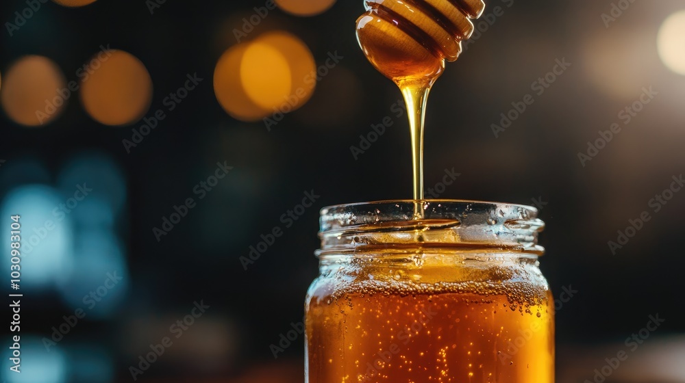A close-up of honey being poured into a glass jar with a honey dipper resting beside it A close-up of honey being poured into a glass jar with a honey dipper resting beside it