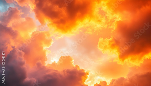 A vertical photo of beautiful, vibrant orange clouds parting to reveal a serene sky, creating a dramatic sunset scene. 