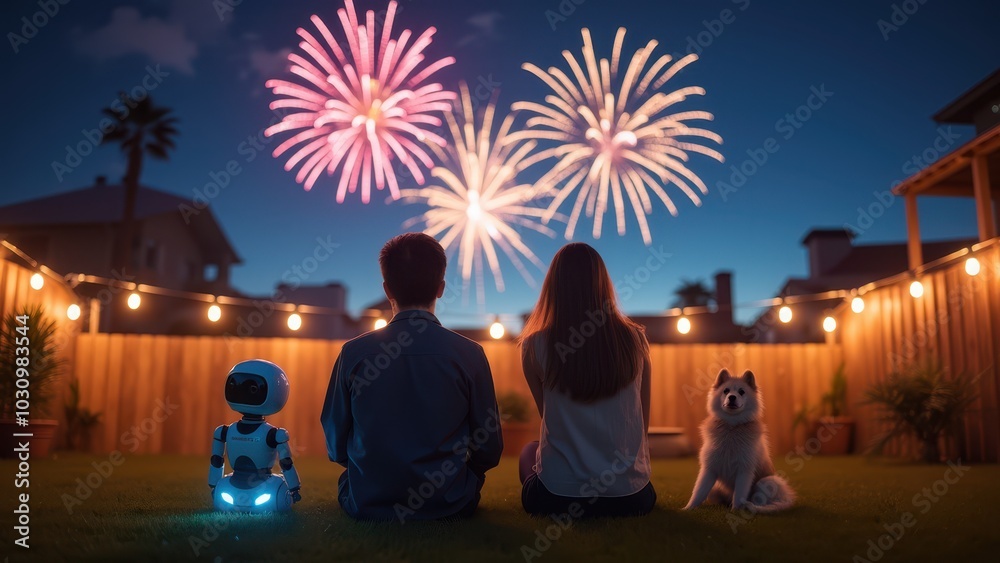 Celebration with Robot and Pets Under Fireworks Display Celebration with Robot and Pets Under Fireworks Display