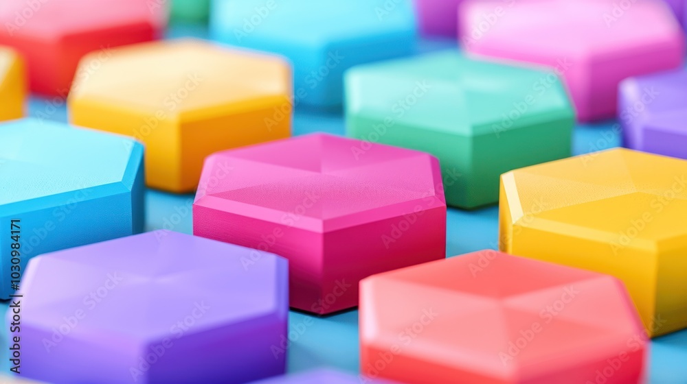 Colorful Hexagonal Shapes Arranged on a Blue Surface