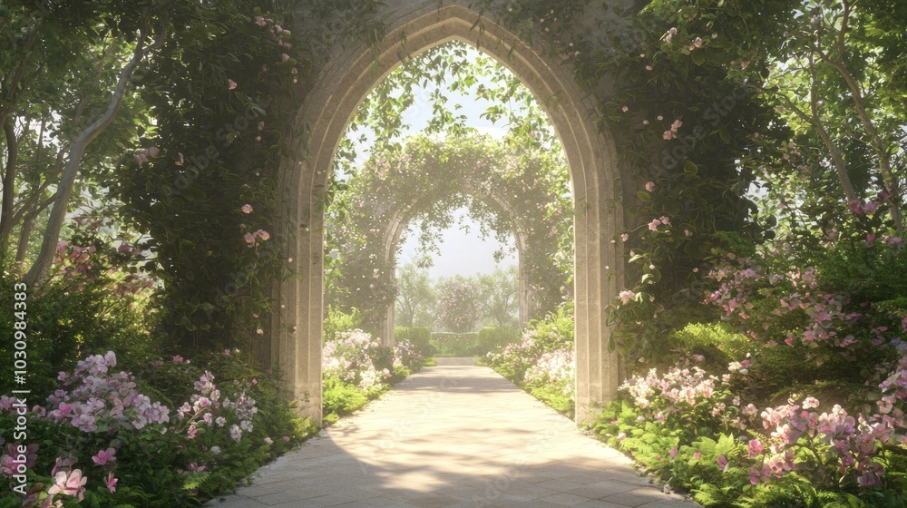 Obraz premium Ultra-Detailed 3D Render of a Gothic Archway Leading to Tranquil Garden with Blooming Flowers and Lush Greenery