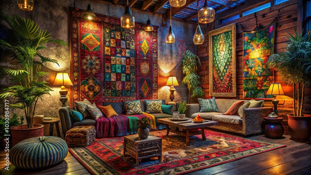 Vibrant Bohemian Living Room Night Photography with Eclectic Decor and Patchwork Rug Vibrant Bohemian Living Room Night Photography with Eclectic Decor and Patchwork Rug