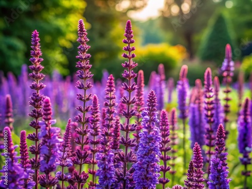 Vibrant Bush Salvia Nemorosa: Purple Sage Flowers in a Lush Garden Setting