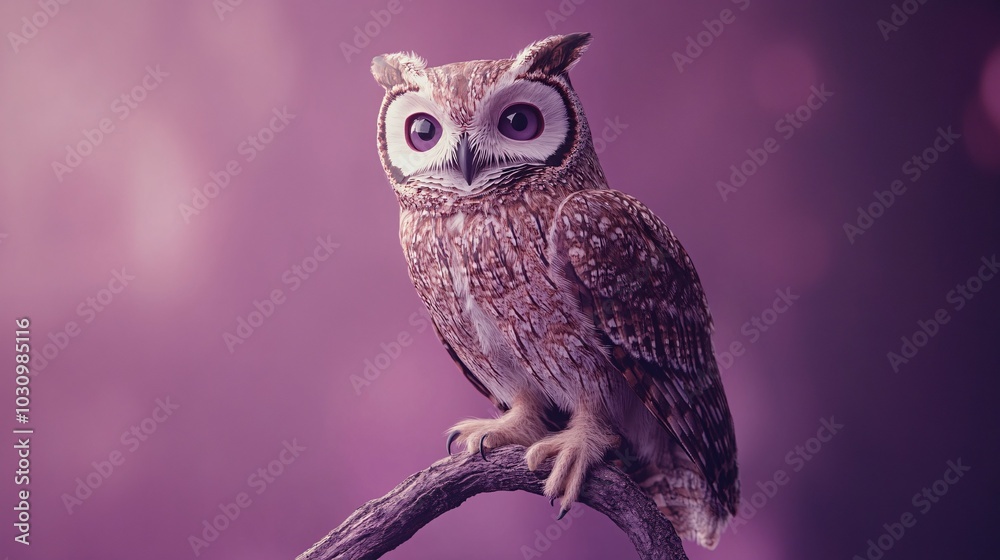 Owl Perched on a Branch with a Purple Background Owl Perched on a Branch with a Purple Background