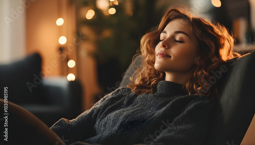 A woman peacefully sitting and relaxing in a cozy armchair   photo