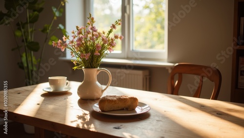 Wallpaper Mural Cozy Kitchen Table with Flowers and Fresh Bread Torontodigital.ca