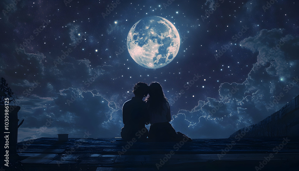 A young couple on a rooftop under the moon and stars, the scene is romantic and serene, emphasizing love under a starlit sky A young couple on a rooftop under the moon and stars, the scene is romantic and serene, emphasizing love under a starlit sky