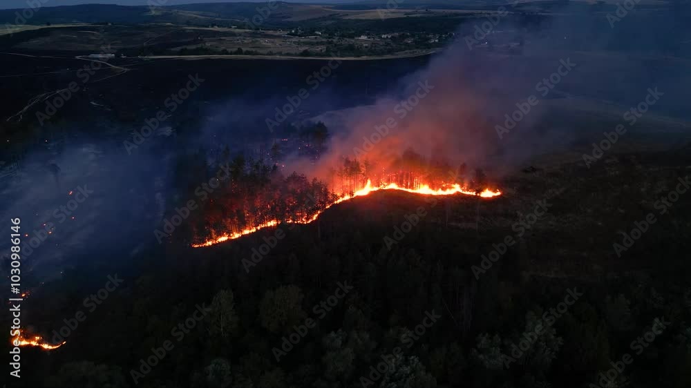 Aerial view of wildfires burning fields and woods on summer night. Infernal fires scorching earth and forest during seasonal drought. Wild fire destroying crops and plantations.
Aerial view of wildfires burning fields and woods on summer night. Infernal fires scorching earth and forest during seasonal drought. Wild fire destroying crops and plantations.