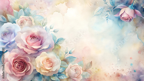 Pastel watercolor background with peony roses and floral details with copy space 