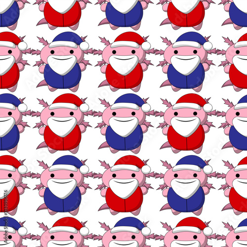 Seamless pattern with Cute Christmas Axolotl Santa