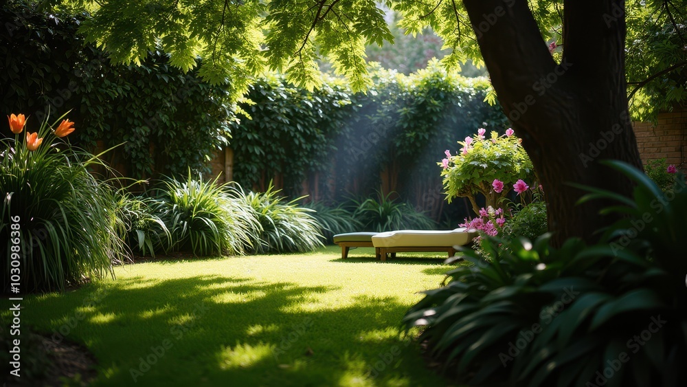 Serene Garden Oasis with Vibrant Blooms and Sunlight Serene Garden Oasis with Vibrant Blooms and Sunlight