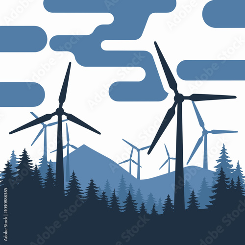 Sustainable Wind Turbine in Mountain Landscape Vector Illustration