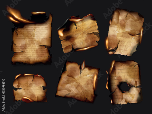 Old burnt paper. Burned parchment, vintage letter page ablaze fire burning sheet rough edge border realistic papers corner piece burn flame effect, set exact vector illustration