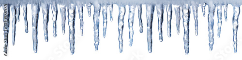 A row of icicles hanging from the edge of a surface, isolated on a transparent background. Symbolizes winter cold and icy textures. Suitable for winter projects, seasonal decorations.