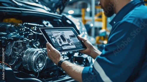 Auto mechanic uses laptop while conducting diagnostics test. Modern car service. Computer diagnostics of the car. High quality photo