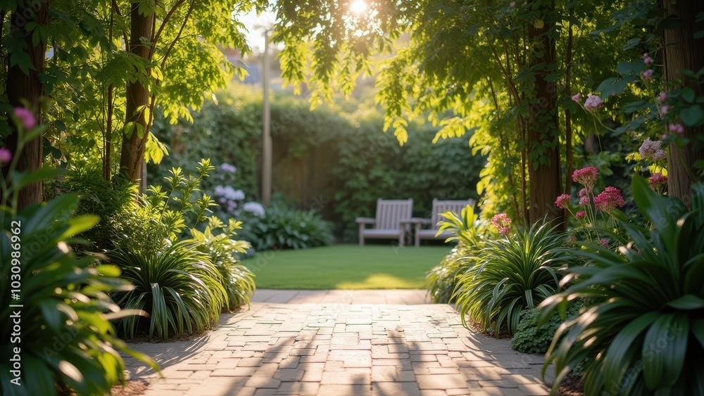 Obraz premium Serene Garden Pathway in a Lush Backyard Setting