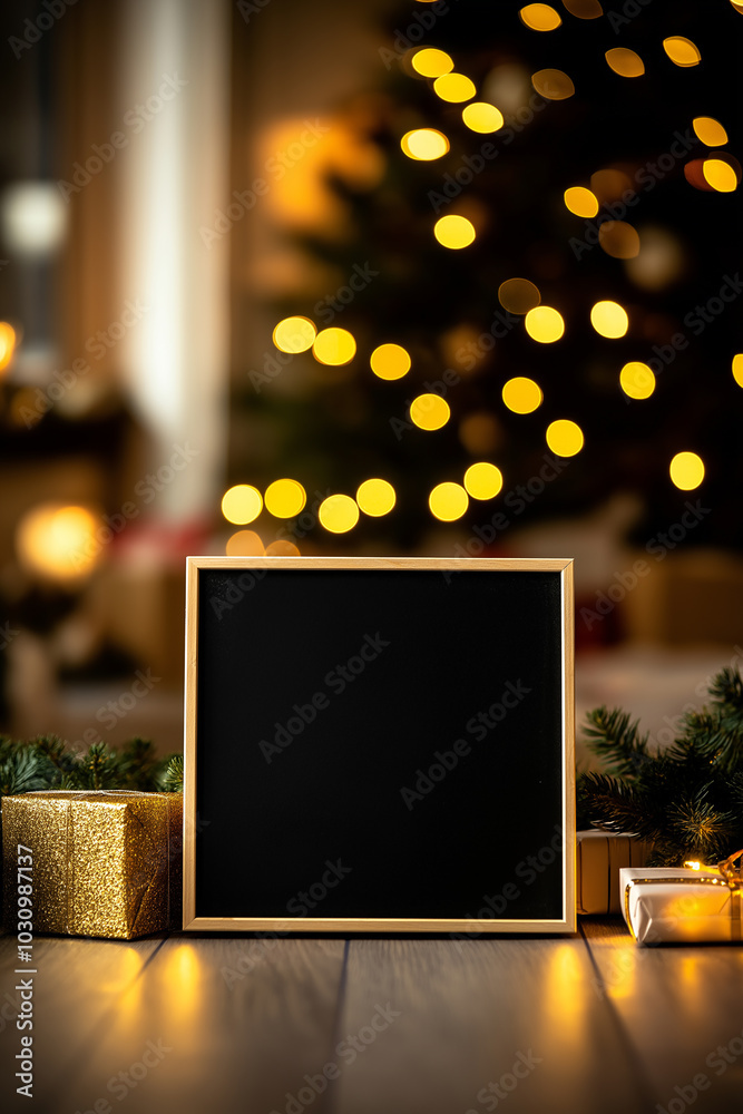 Blank Chalkboard Frame with Warm Christmas Lights and Blurred Holiday Tree Bokeh Background for Festive Message, Sign, or Decoration Blank Chalkboard Frame with Warm Christmas Lights and Blurred Holiday Tree Bokeh Background for Festive Message, Sign, or Decoration
