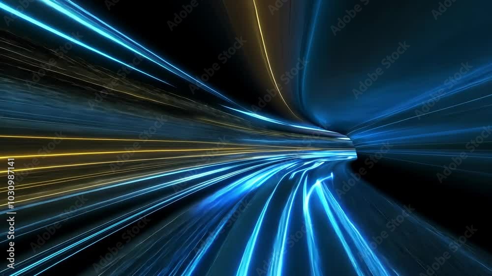 A digital rendering of a blue and gold light tunnel, creating an abstract image of speed and movement A digital rendering of a blue and gold light tunnel, creating an abstract image of speed and movement