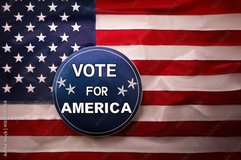 Amerikanische Flagge mit blauem Button und Aufschrift Vote for USA