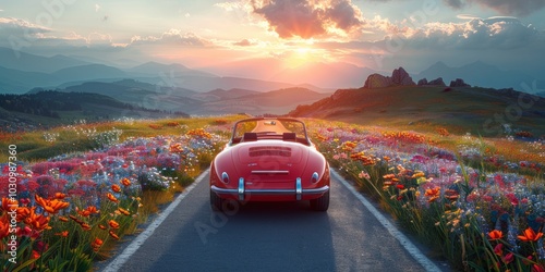 Red convertible driving into the sunset on a scenic road lined with colorful flowers and mountains in the distance
